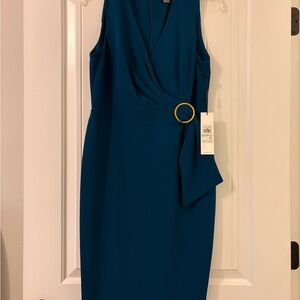 Calvin Klein Teal Wrap-Front Sheath Dress with Gold Ring